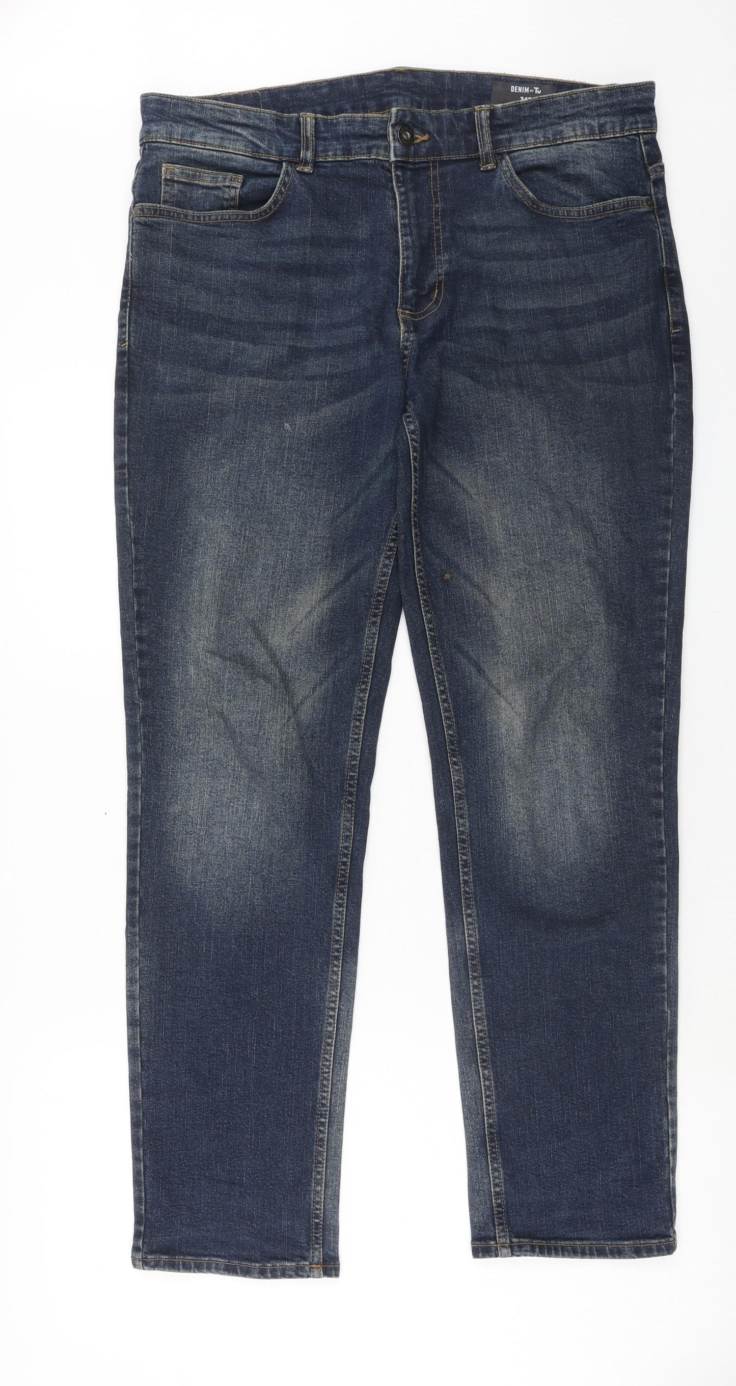 TU Mens Blue Cotton Straight Jeans Size 34 in Slim Button