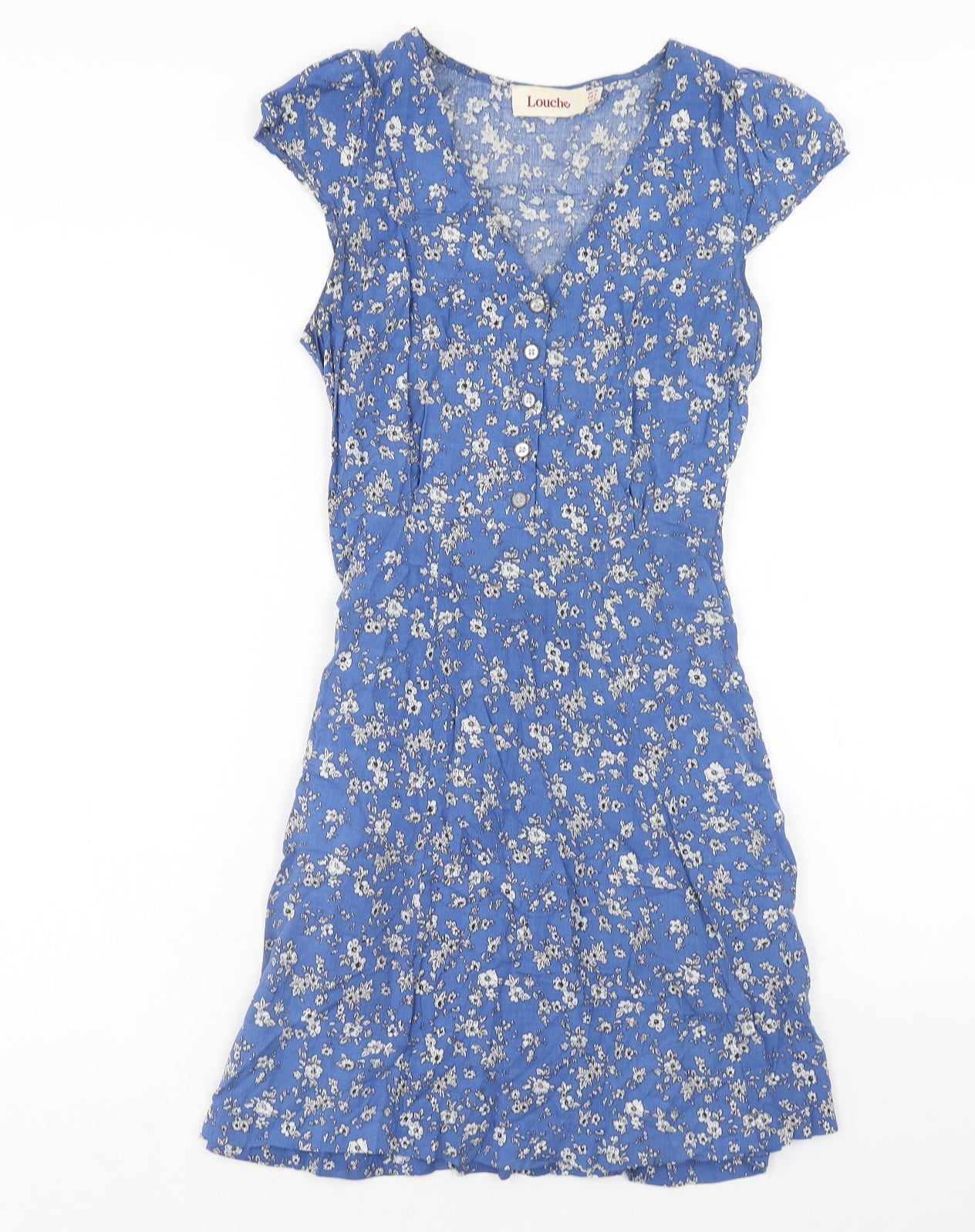Louche Womens Blue Floral Viscose A-Line Size 10 V-Neck Zip