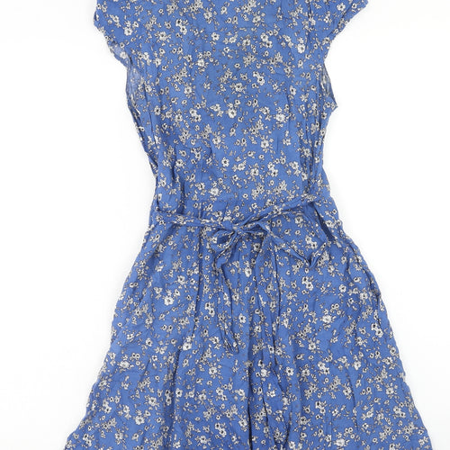 Louche Womens Blue Floral Viscose A-Line Size 10 V-Neck Zip