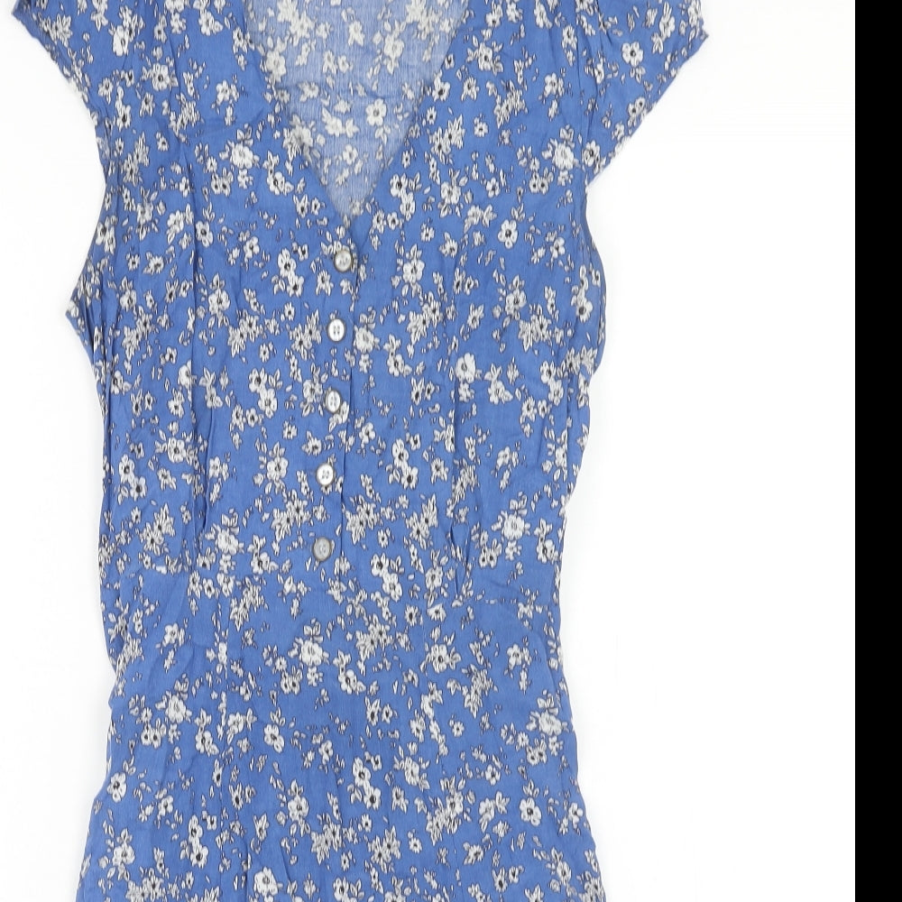 Louche Womens Blue Floral Viscose A-Line Size 10 V-Neck Zip