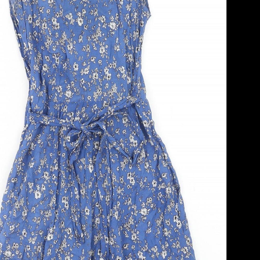 Louche Womens Blue Floral Viscose A-Line Size 10 V-Neck Zip