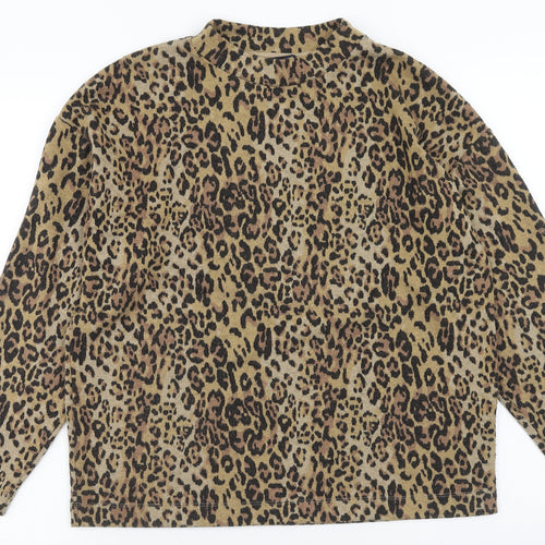 Marks and Spencer Womens Brown Animal Print Polyester Basic Blouse Size 12 Mock Neck - Leopard Print