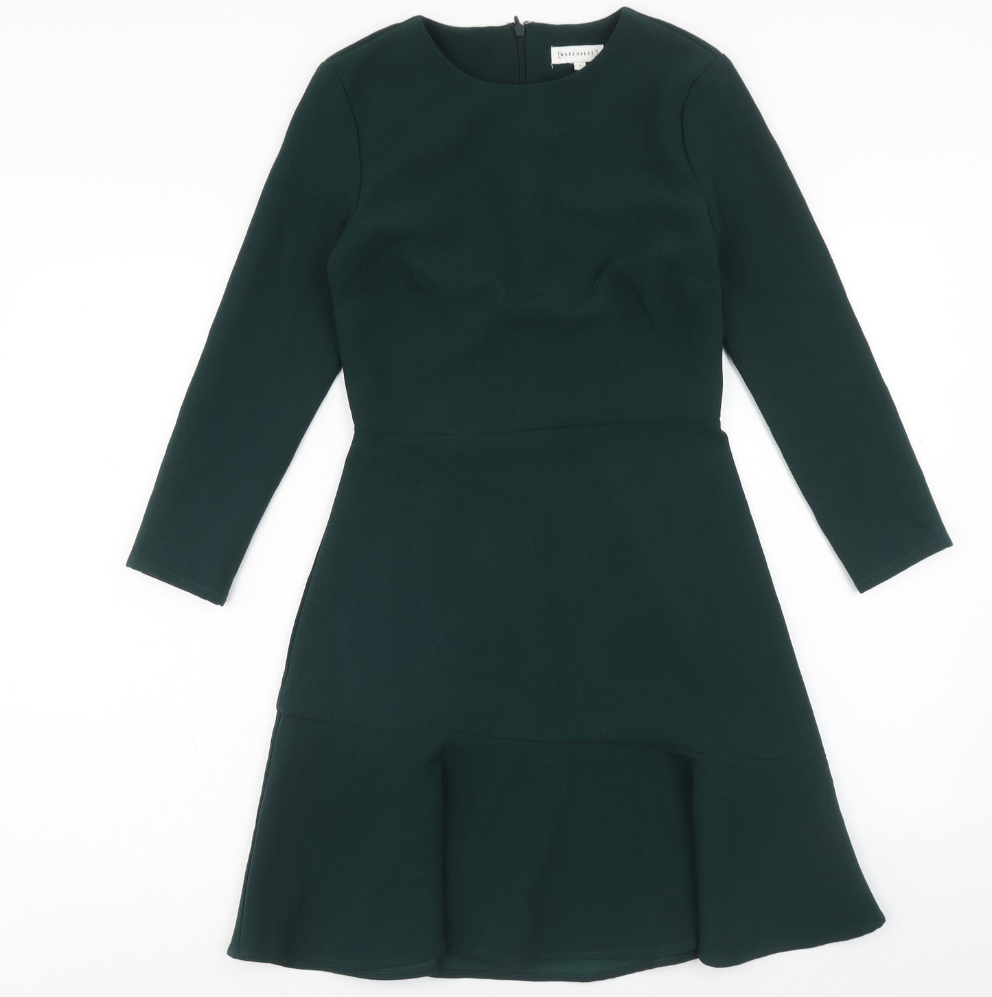 Warehouse Womens Green Polyester Skater Dress Size 8 Round Neck Zip