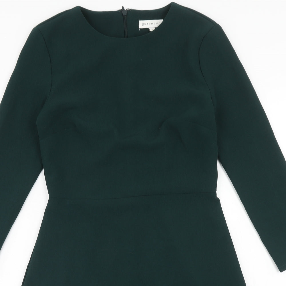 Warehouse Womens Green Polyester Skater Dress Size 8 Round Neck Zip