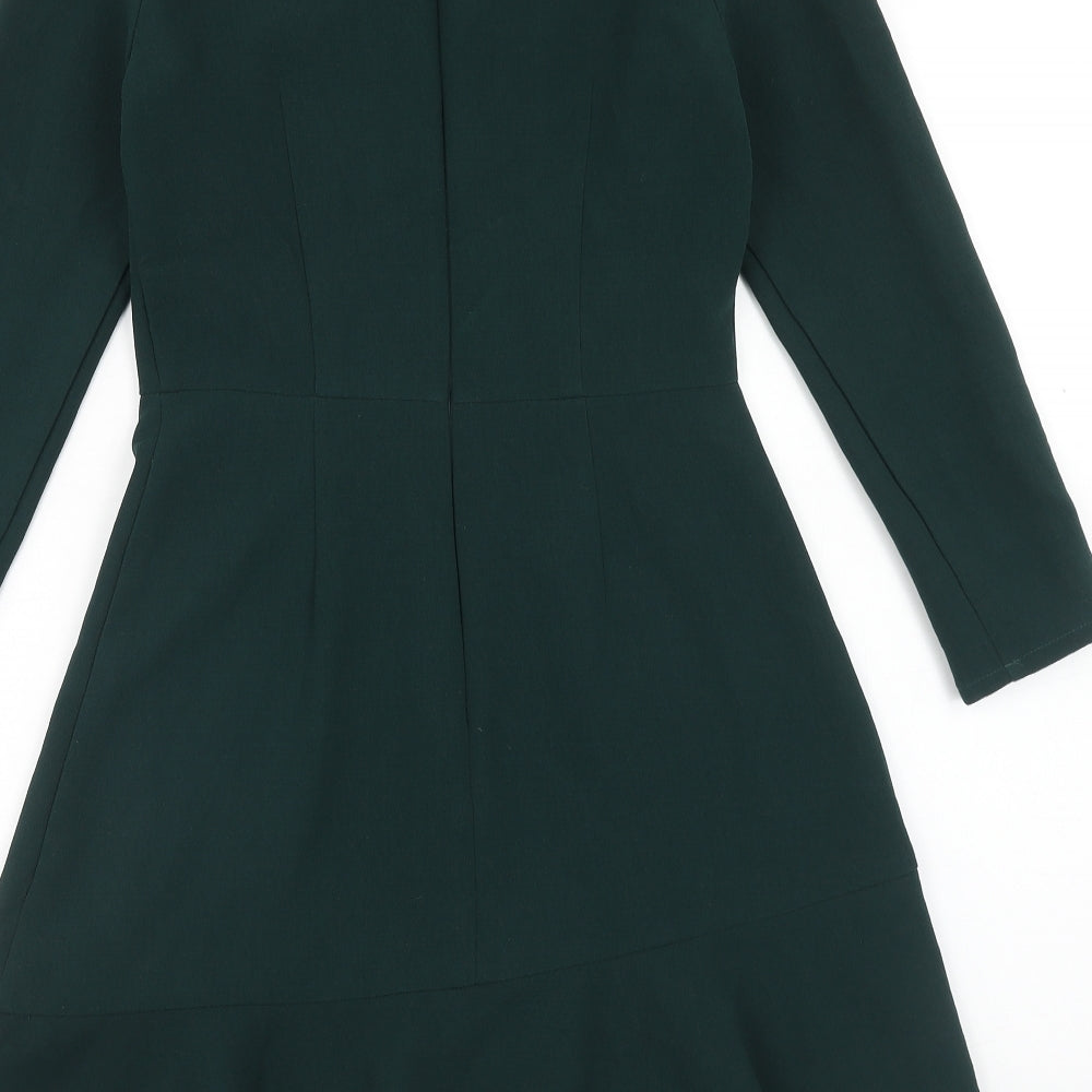 Warehouse Womens Green Polyester Skater Dress Size 8 Round Neck Zip