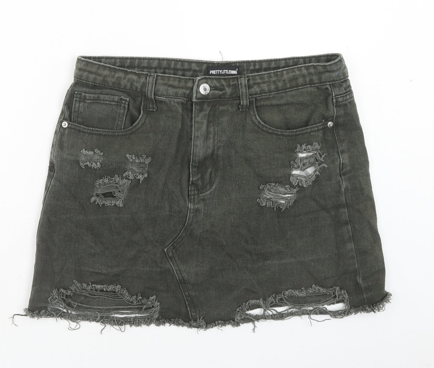 PRETTYLITTLETHING Womens Green Cotton Mini Skirt Size 14 Button - Distressed