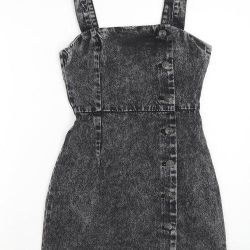 H&M Womens Green Cotton Pinafore/Dungaree Dress Size 6 Scoop Neck Button