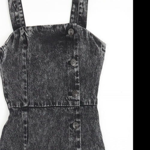 H&M Womens Green Cotton Pinafore/Dungaree Dress Size 6 Scoop Neck Button