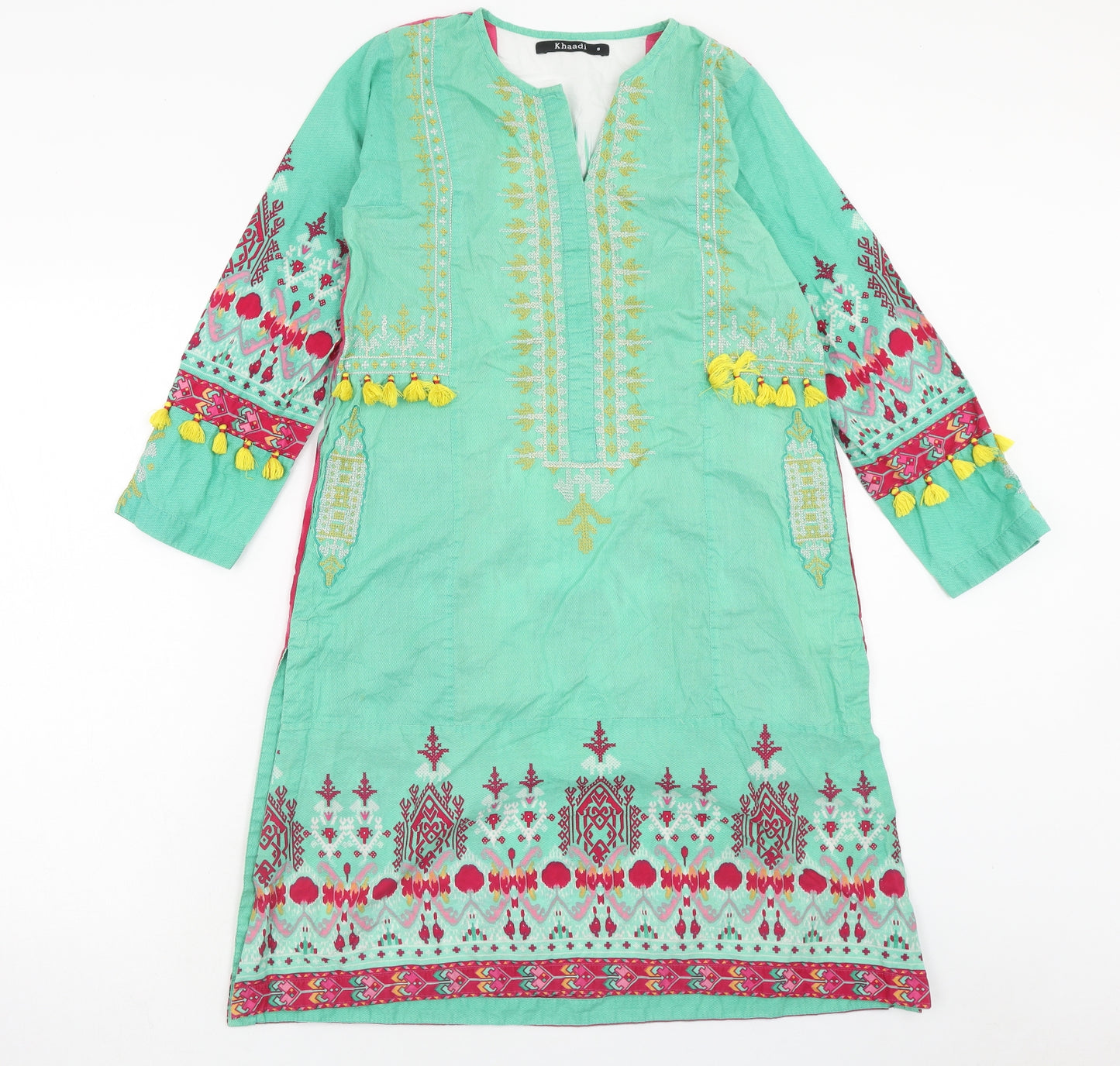 Khaadi Womens Multicoloured Geometric Cotton Kaftan Size 8 V-Neck Pullover