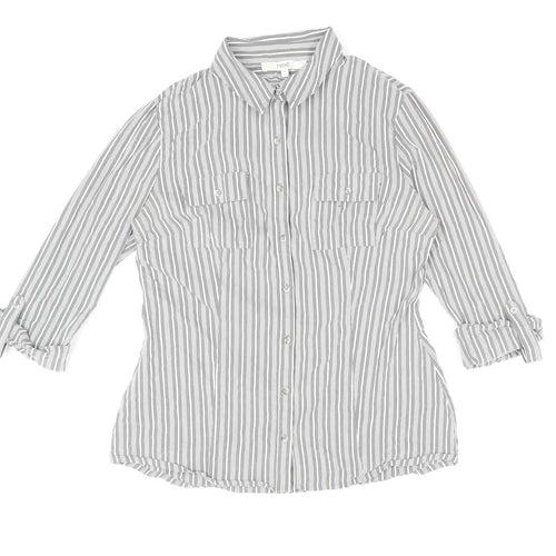 NEXT Womens Grey Striped Cotton Basic Button-Up Size 12 V-Neck