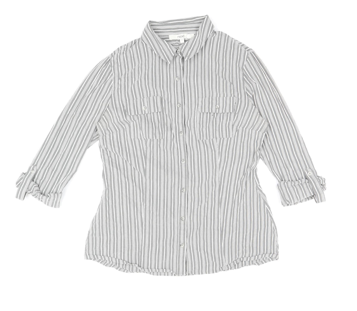 NEXT Womens Grey Striped Cotton Basic Button-Up Size 12 V-Neck