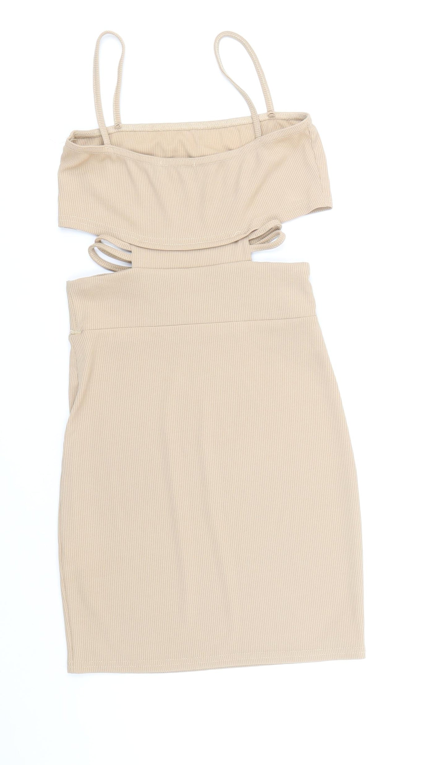 PRETTYLITTLETHING Womens Beige Polyester Pencil Dress Size 4 Square Neck Pullover