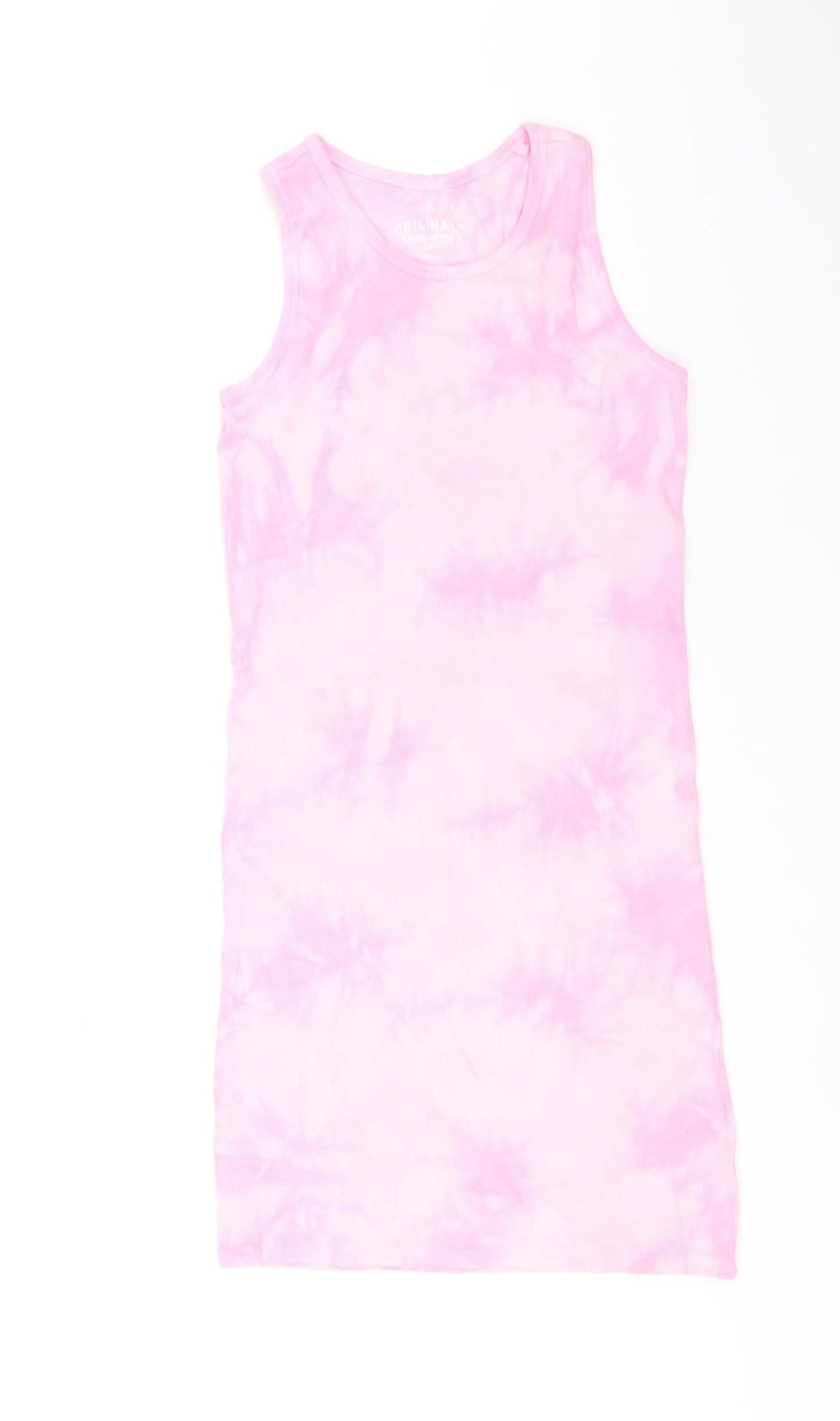 Marks and Spencer Girls Pink Cotton Tank Dress Size 13-14 Years Round Neck Pullover - Tie Dye Pattern
