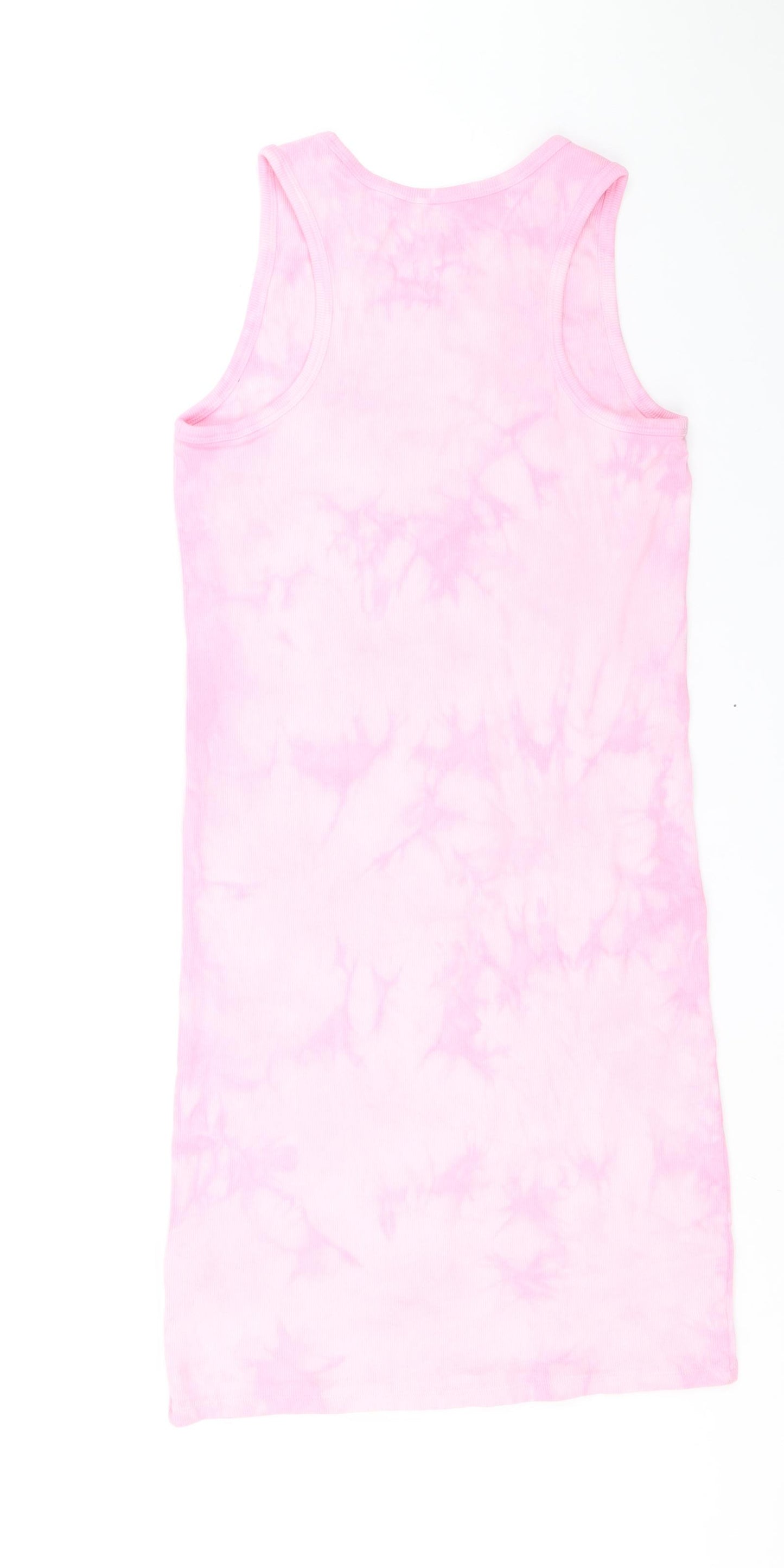 Marks and Spencer Girls Pink Cotton Tank Dress Size 13-14 Years Round Neck Pullover - Tie Dye Pattern