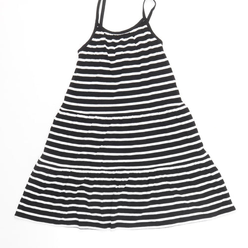 Marks and Spencer Girls Black Striped 100% Cotton Skater Dress Size 6-7 Years Round Neck Pullover
