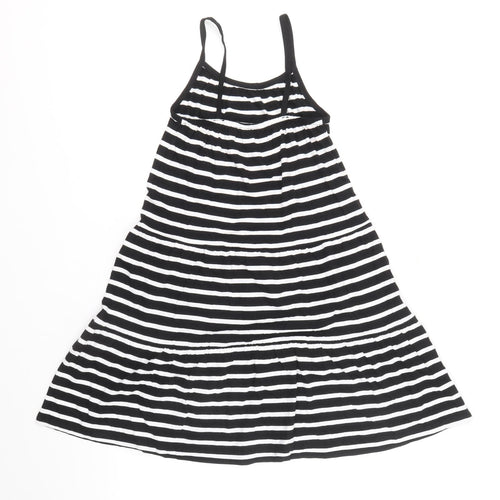 Marks and Spencer Girls Black Striped 100% Cotton Skater Dress Size 6-7 Years Round Neck Pullover