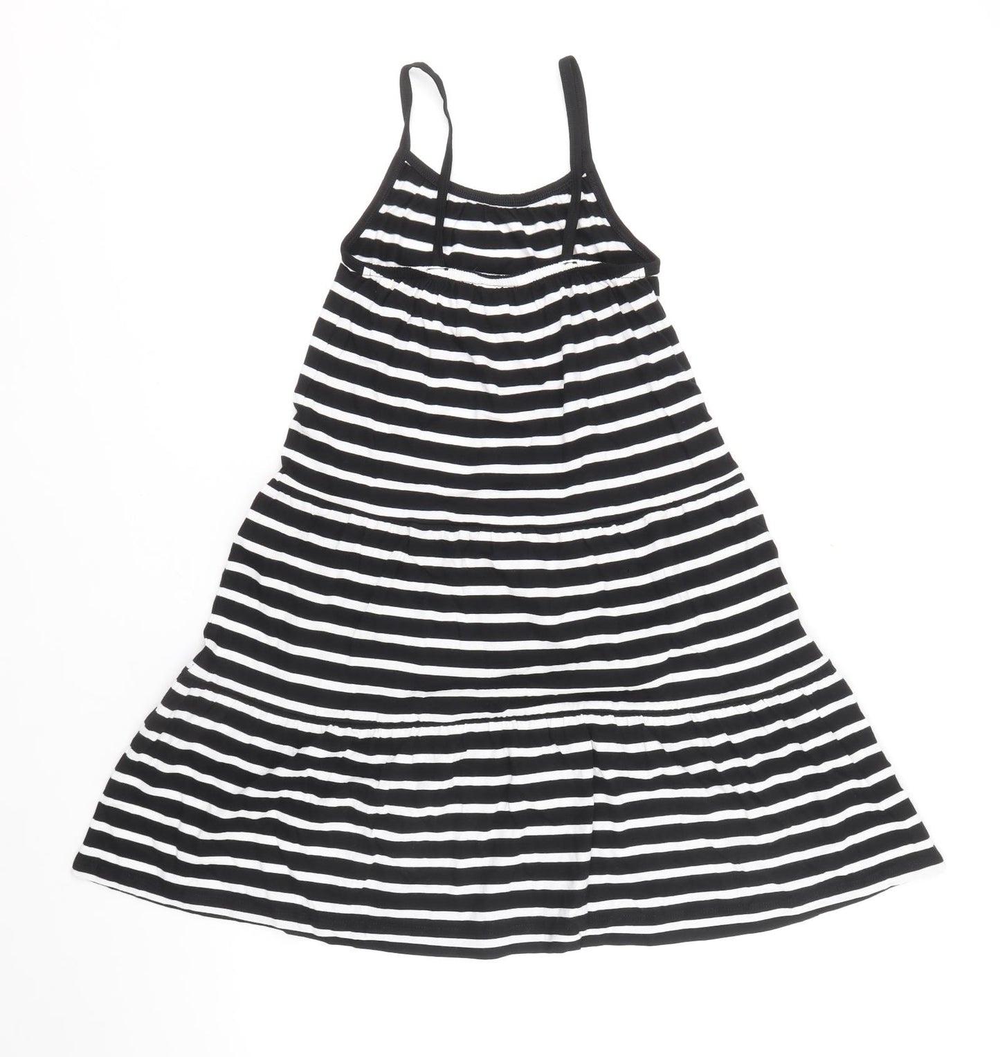 Marks and Spencer Girls Black Striped 100% Cotton Skater Dress Size 6-7 Years Round Neck Pullover