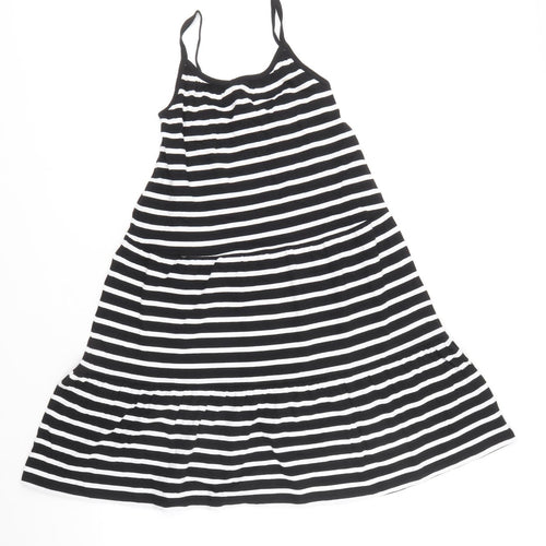 Marks and Spencer Girls Black Striped 100% Cotton Skater Dress Size 6-7 Years Square Neck Pullover