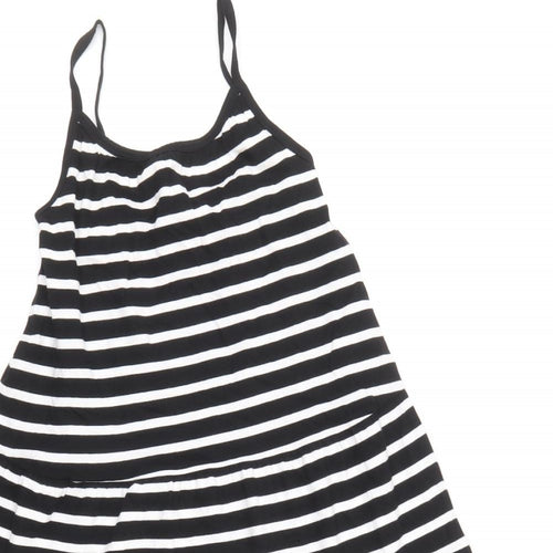 Marks and Spencer Girls Black Striped 100% Cotton Skater Dress Size 6-7 Years Square Neck Pullover