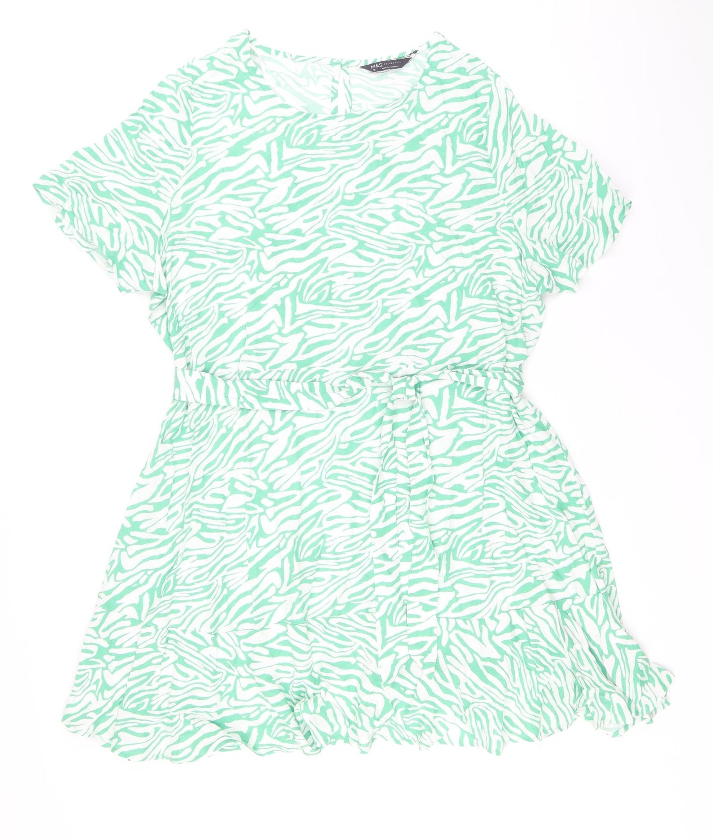 Marks and Spencer Womens Green Animal Print Viscose Skater Dress Size 18 Boat Neck Button