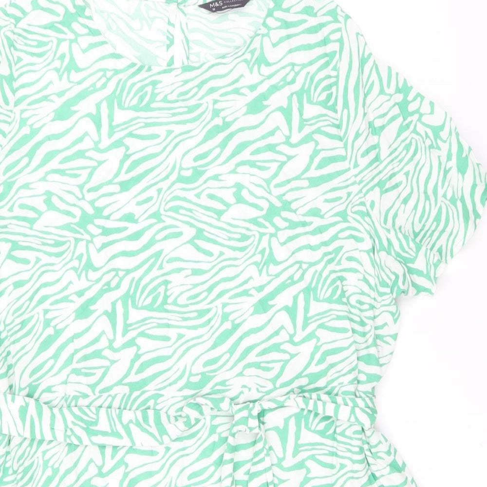 Marks and Spencer Womens Green Animal Print Viscose Skater Dress Size 18 Boat Neck Button