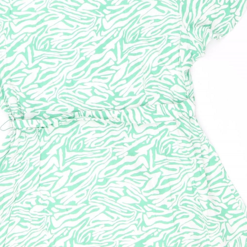 Marks and Spencer Womens Green Animal Print Viscose Skater Dress Size 18 Boat Neck Button