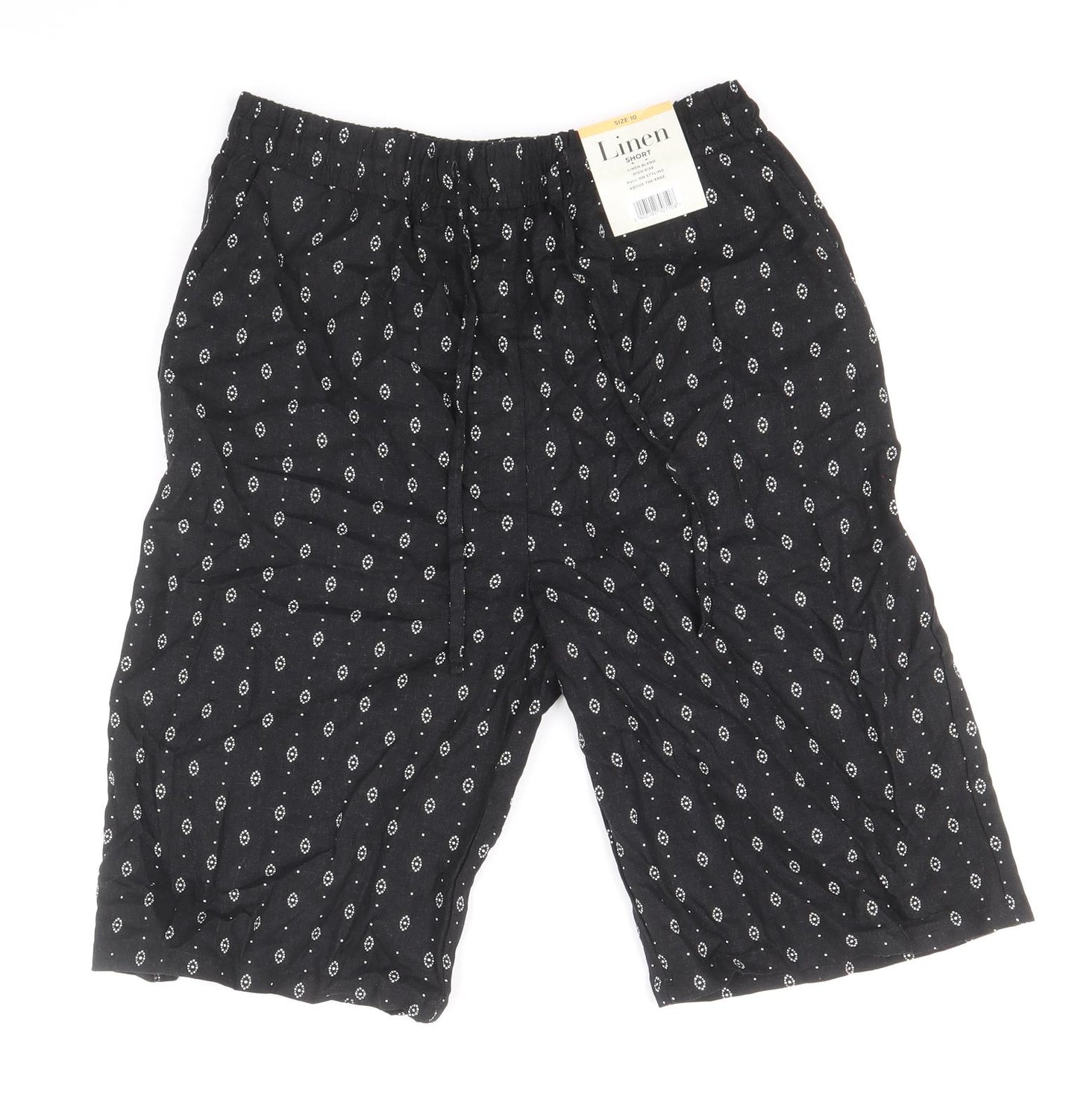 Bonmarche Womens Black Geometric Linen Bermuda Shorts Size 10 Regular Drawstring
