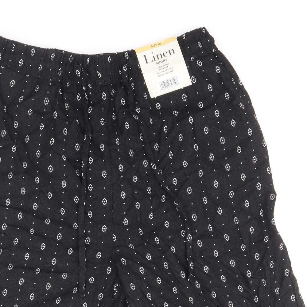 Bonmarche Womens Black Geometric Linen Bermuda Shorts Size 10 Regular Drawstring