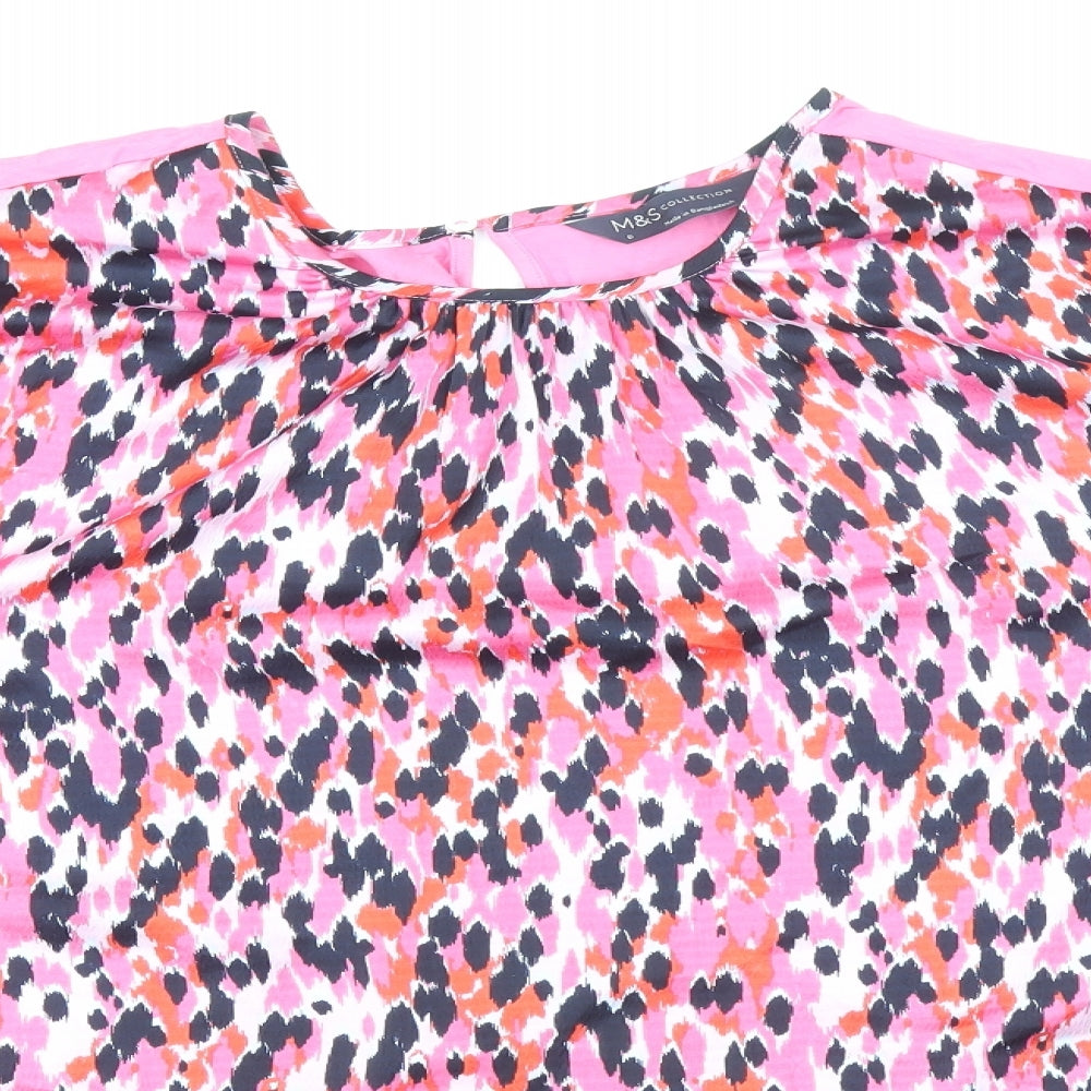 Marks and Spencer Womens Pink Geometric Polyester Basic Blouse Size 6 Round Neck