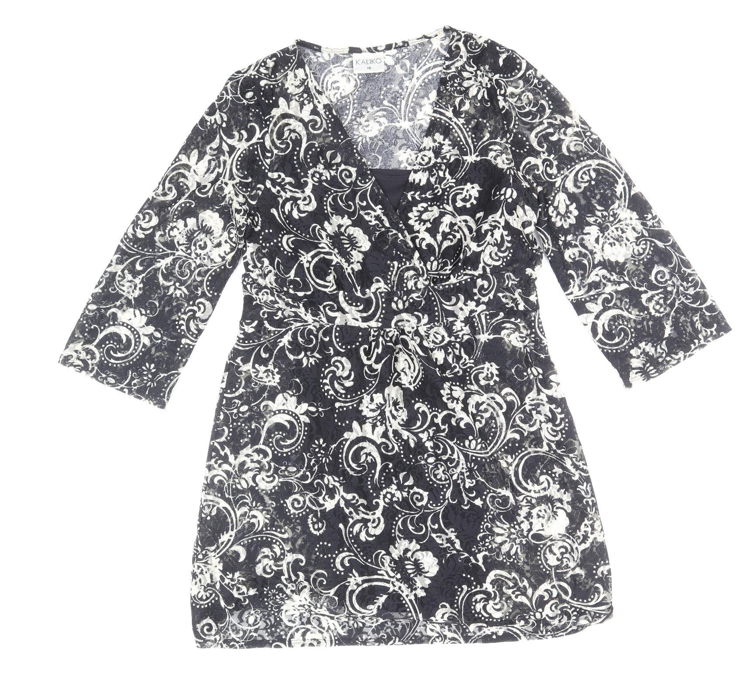 Kaliko Womens Black Paisley Polyester A-Line Size 10 V-Neck Pullover