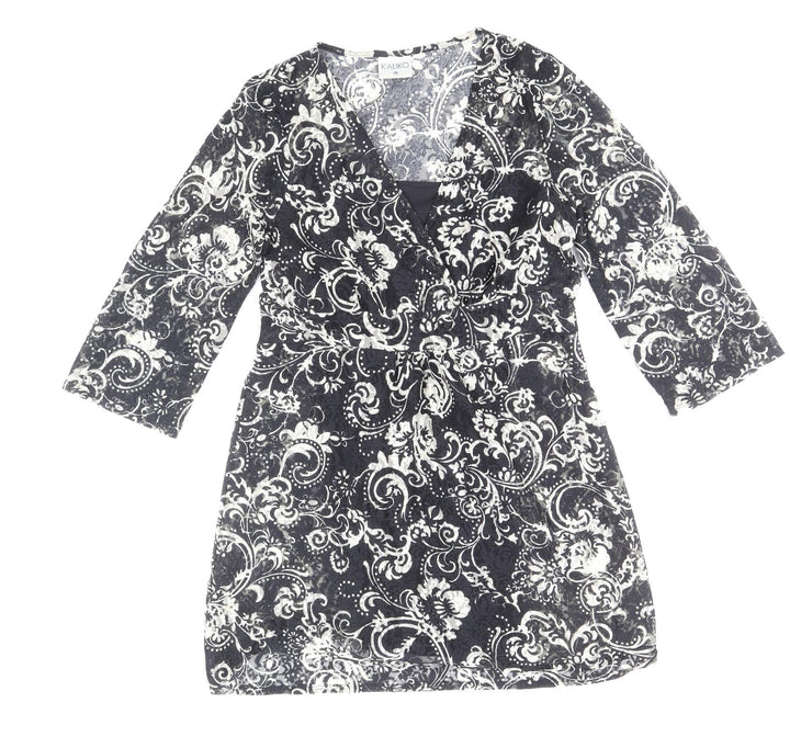Kaliko Womens Black Paisley Polyester A-Line Size 10 V-Neck Pullover