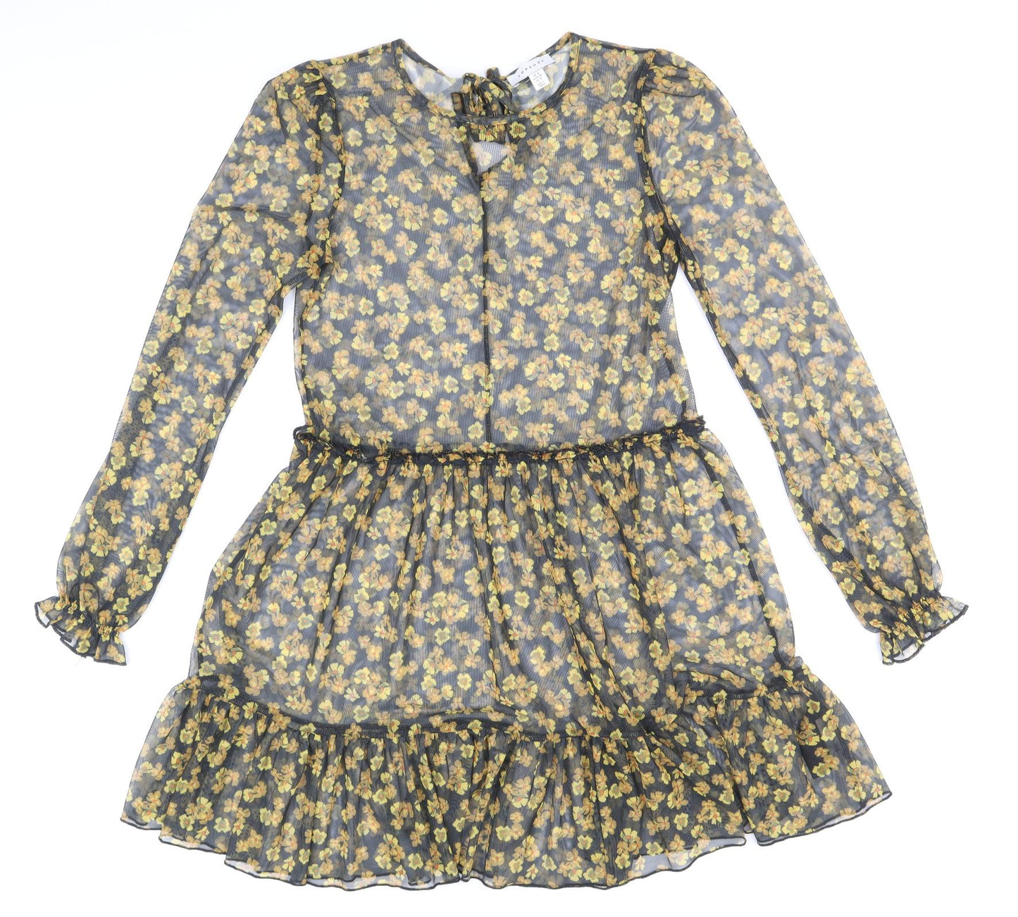 Topshop Womens Black Floral Polyester Fit & Flare Size 8 Round Neck Tie