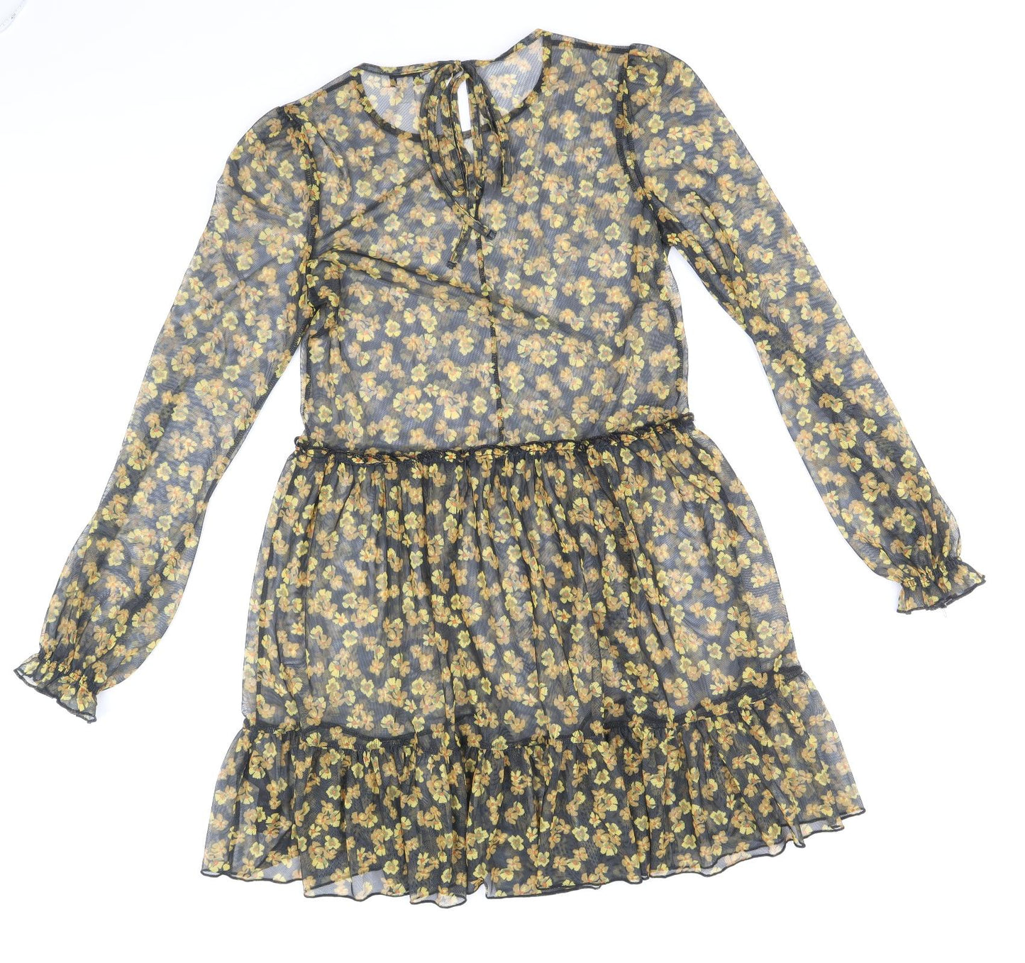 Topshop Womens Black Floral Polyester Fit & Flare Size 8 Round Neck Tie