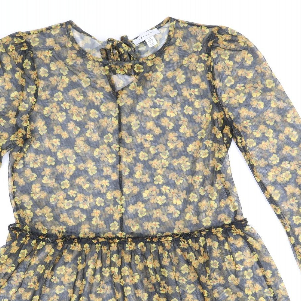 Topshop Womens Black Floral Polyester Fit & Flare Size 8 Round Neck Tie