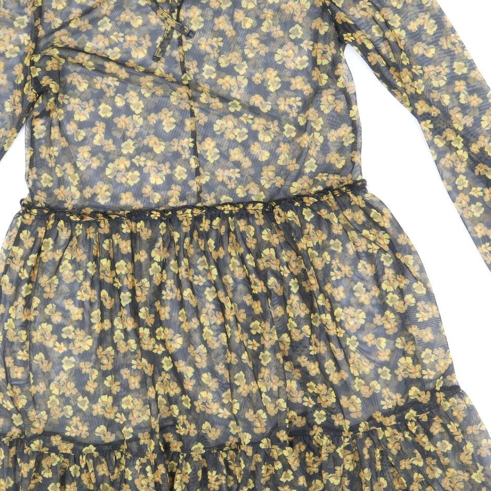 Topshop Womens Black Floral Polyester Fit & Flare Size 8 Round Neck Tie