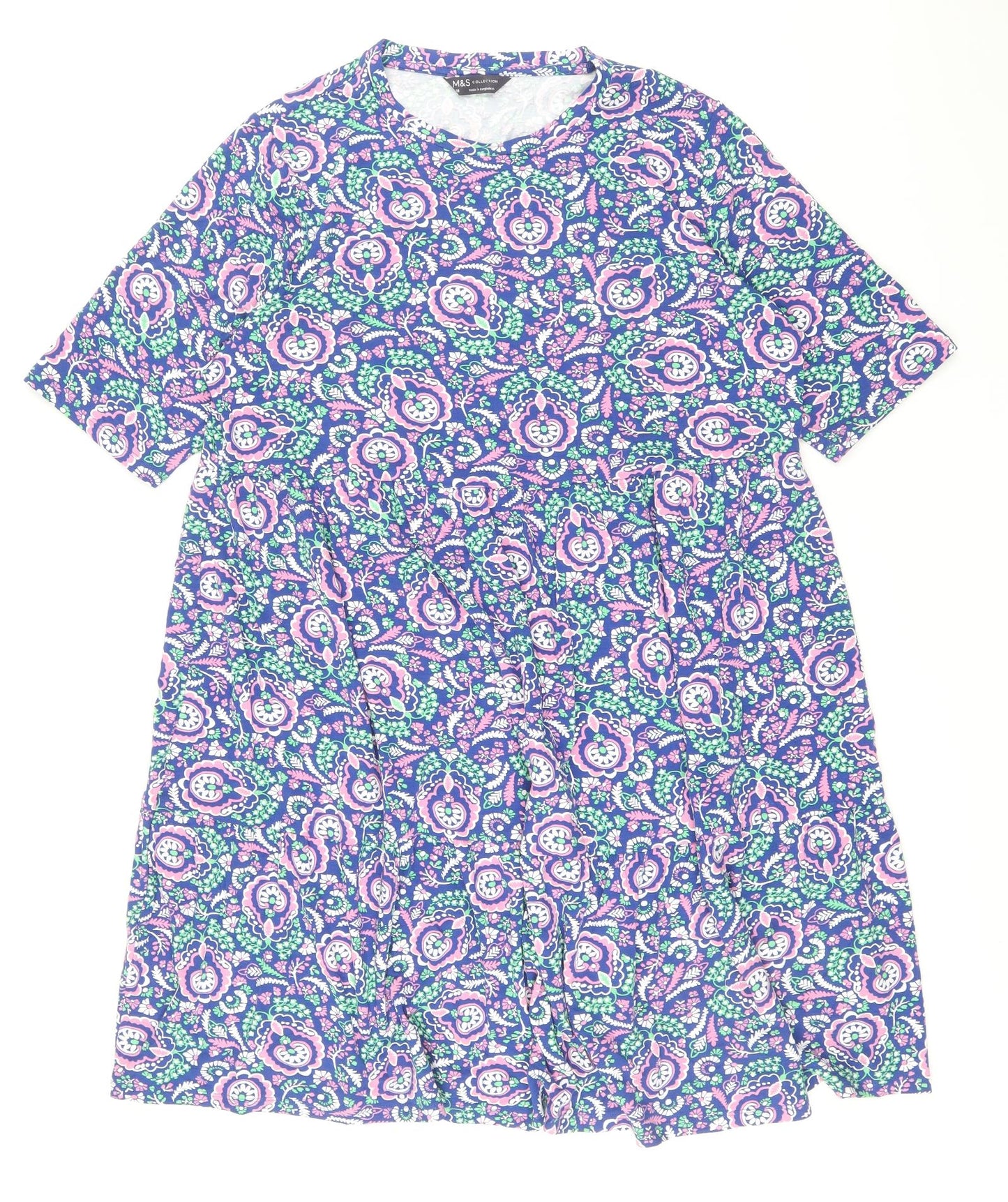 Marks and Spencer Womens Blue Paisley Viscose Shift Size 18 Round Neck Pullover