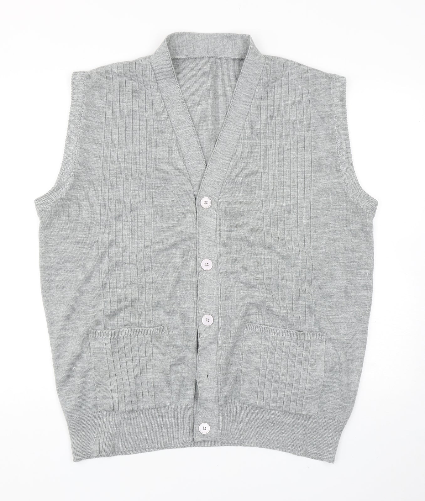 Vintage Mens Grey V-Neck Acrylic Vest Jumper Size L