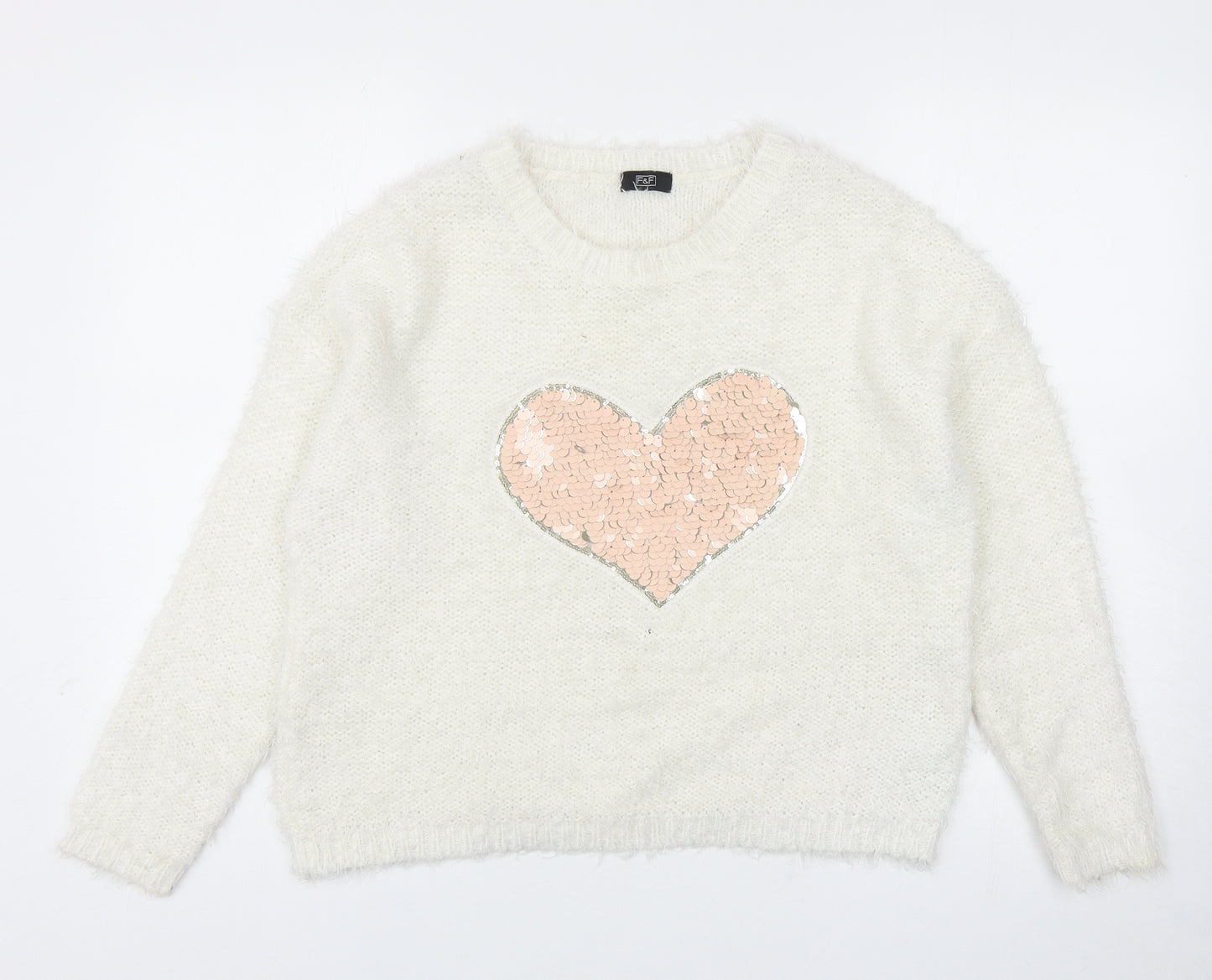 F&F Womens Ivory Round Neck Polyester Pullover Jumper Size 12 - Heart Detail