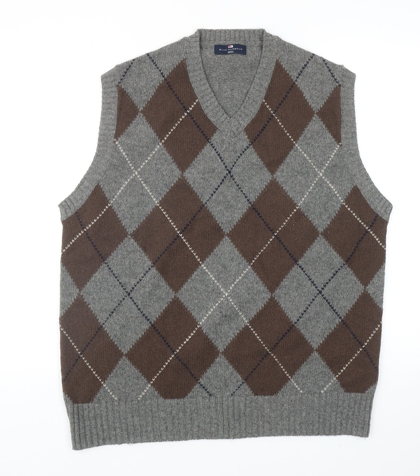 Blue Harbour Mens Grey V-Neck Argyle/Diamond Wool Vest Jumper Size M