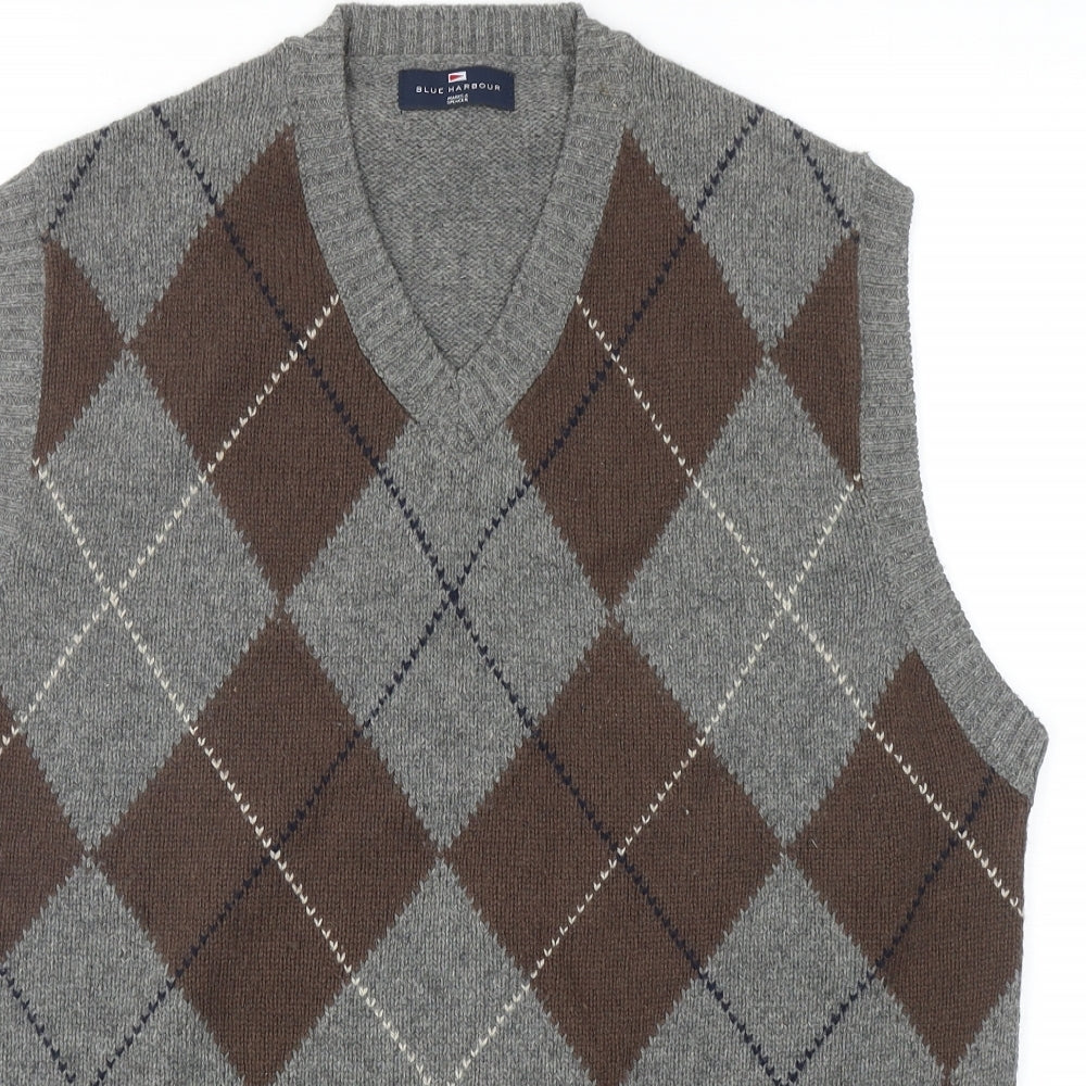 Blue Harbour Mens Grey V-Neck Argyle/Diamond Wool Vest Jumper Size M
