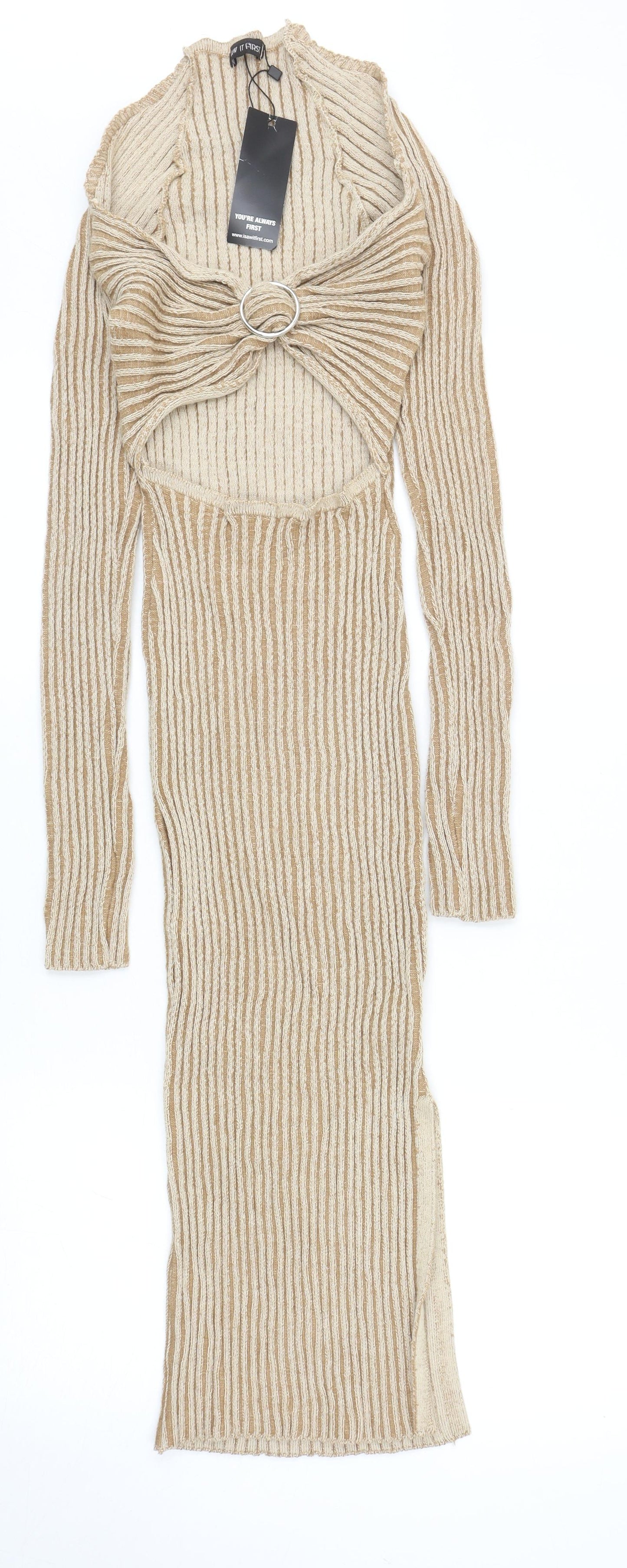 I SAW IT FIRST Womens Beige Viscose Jumper Dress Size 10 V-Neck Pullover