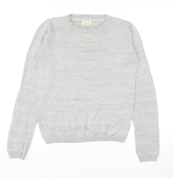 Linea Womens Grey Round Neck Striped Viscose Pullover Jumper Size XS