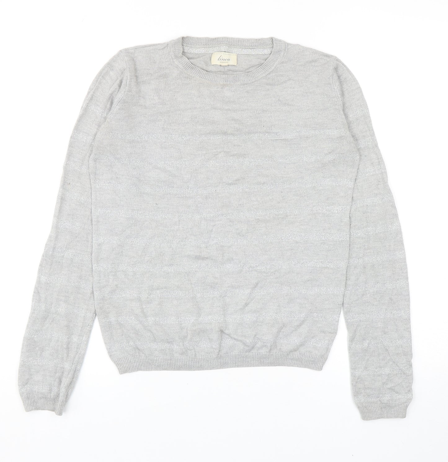 Linea Womens Grey Round Neck Striped Viscose Pullover Jumper Size XS