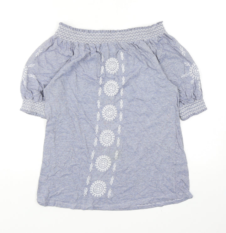 Primark Womens Blue Geometric Cotton Basic Blouse Size 10 Off the Shoulder