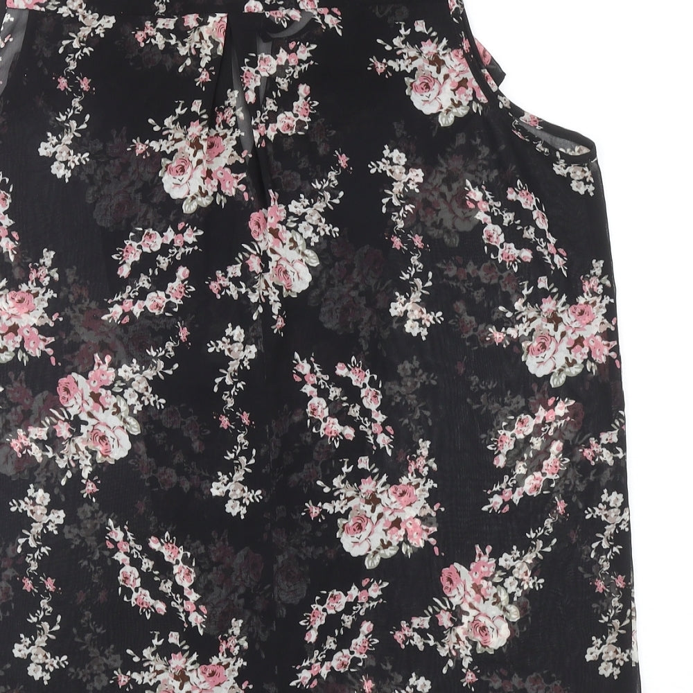 Daniel Rainn Womens Black Floral Polyester Basic Tank Size L Scoop Neck - Tie Neck