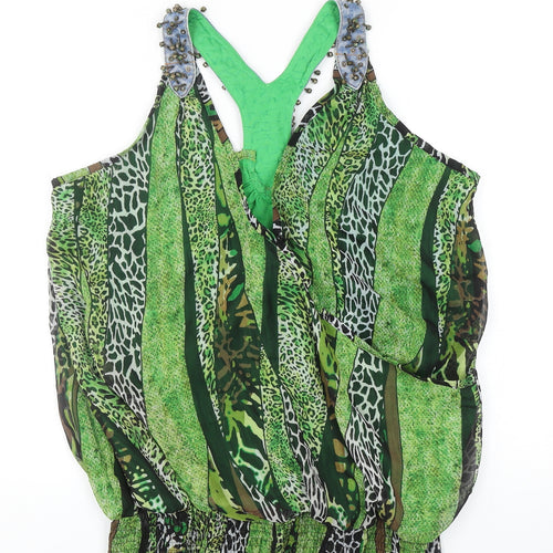 Jaune Rouge Womens Green Animal Print Polyester Wrap Tank Size M V-Neck - Leopard Print Faux Wrap Racerback