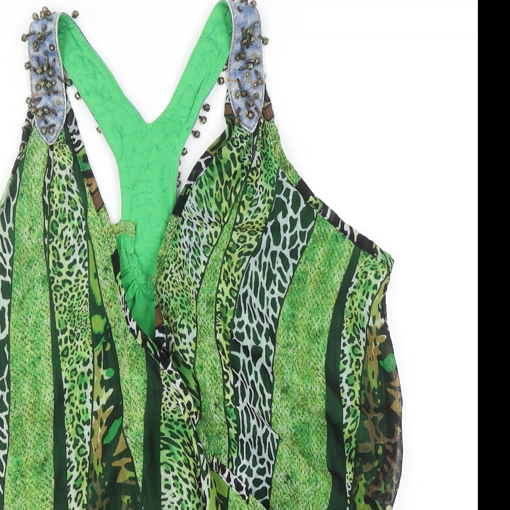 Jaune Rouge Womens Green Animal Print Polyester Wrap Tank Size M V-Neck - Leopard Print Faux Wrap Racerback
