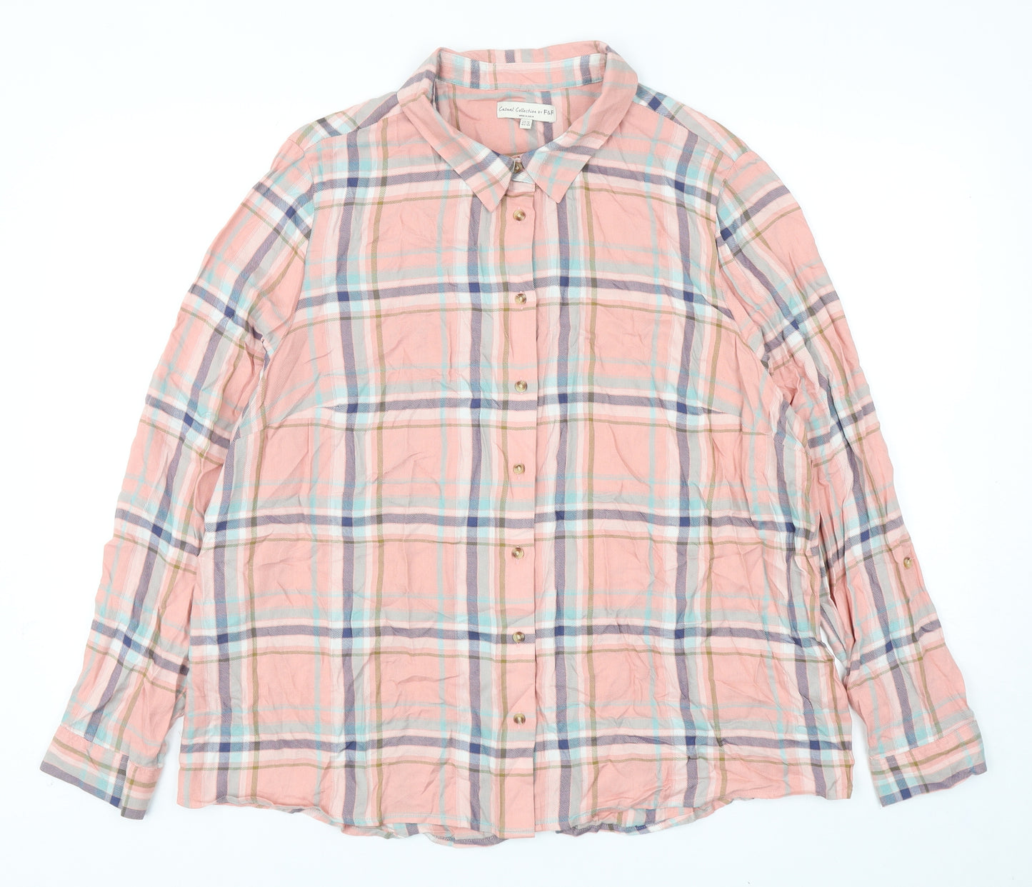F&F Womens Pink Plaid Viscose Basic Button-Up Size 16 Collared