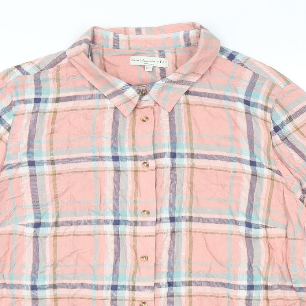 F&F Womens Pink Plaid Viscose Basic Button-Up Size 16 Collared