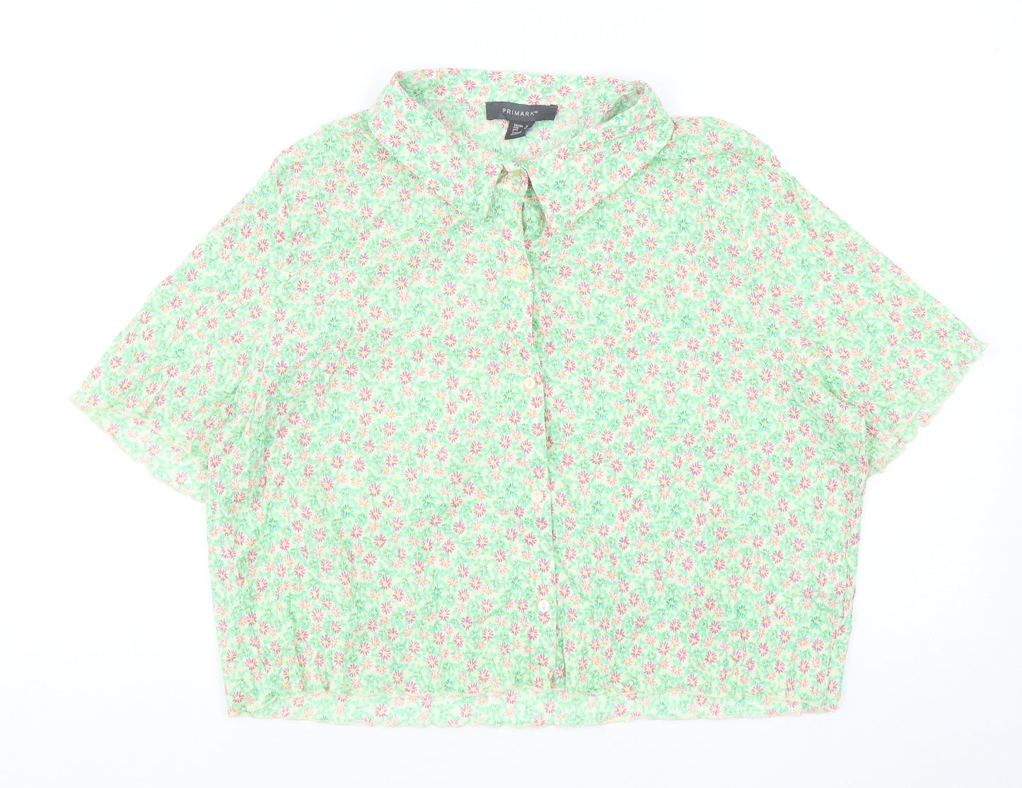Primark Womens Green Floral Cotton Basic Button-Up Size 18 Collared - Box Fit Shirt